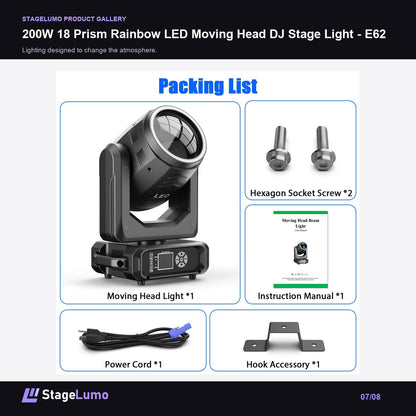 200W 18 Prism Rainbow LED Moving Head DJ Stage Light - E62 - StageLumo image 7