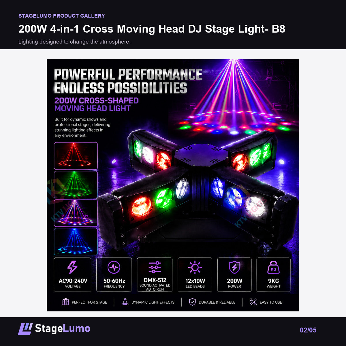 200W 4-in-1 Cross Moving Head DJ Stage Light- B8 - StageLumo image 2