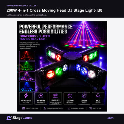 200W 4-in-1 Cross Moving Head DJ Stage Light- B8 - StageLumo image 2