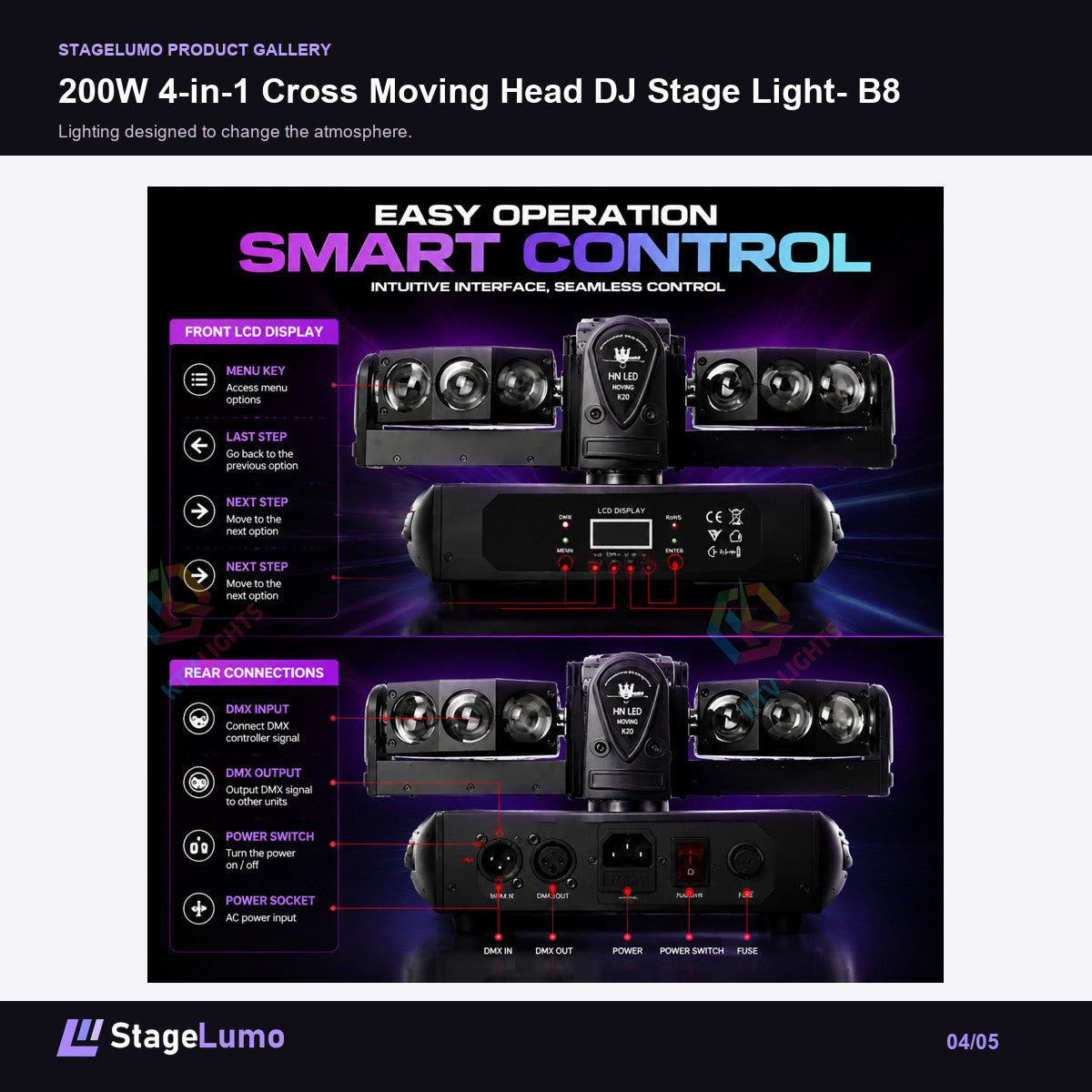 200W 4-in-1 Cross Moving Head DJ Stage Light- B8 - StageLumo image 4