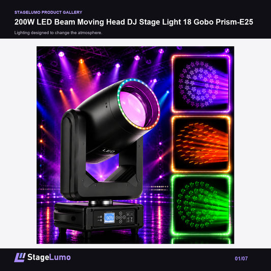 200W LED Beam Moving Head DJ Stage Light 18 Gobo Prism-E25 - StageLumo image 1