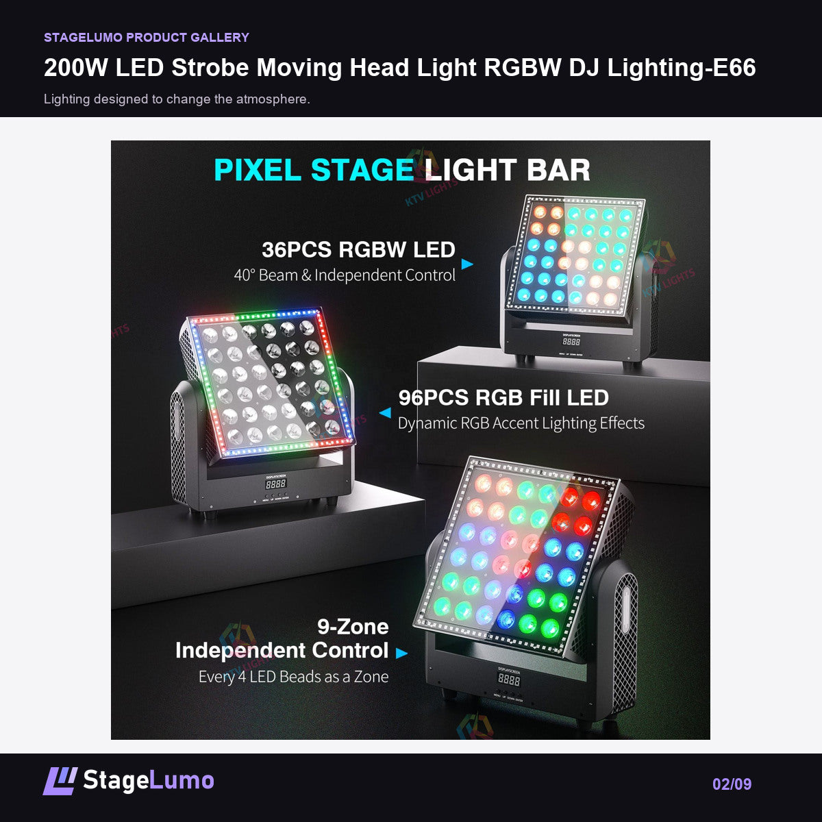 200W LED Strobe Moving Head Light RGBW DJ Lighting-E66 - StageLumo image 2