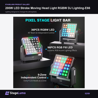 200W LED Strobe Moving Head Light RGBW DJ Lighting-E66 - StageLumo image 2