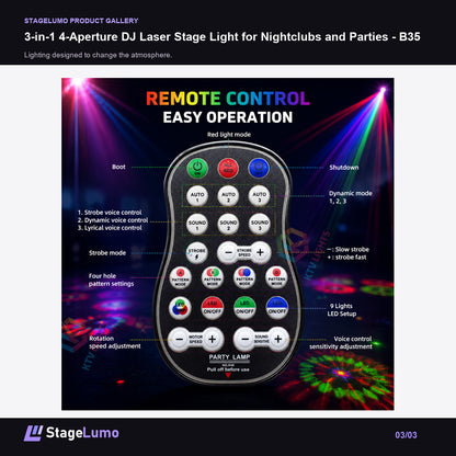 3-in-1 4-Aperture DJ Laser Stage Light for Nightclubs and Parties - B35 - StageLumo image 3