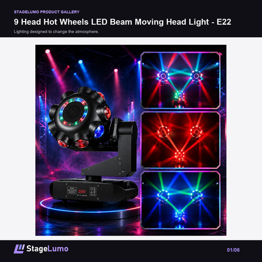 9 Head Hot Wheels LED Beam Moving Head Light - E22 - StageLumo image 1