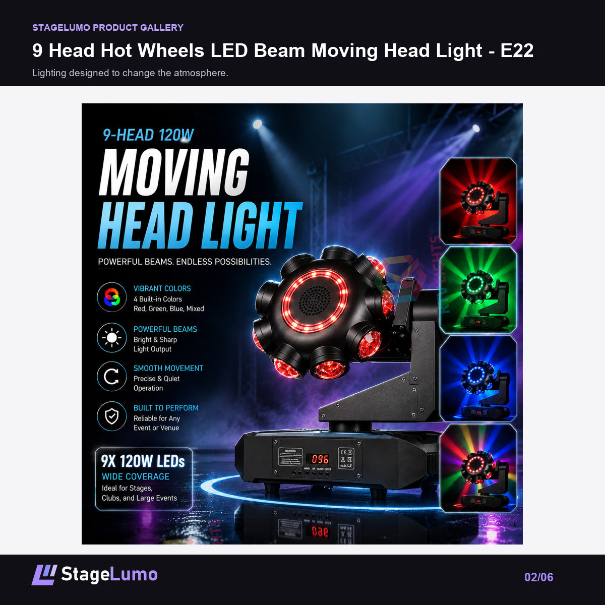 9 Head Hot Wheels LED Beam Moving Head Light - E22 - StageLumo image 2