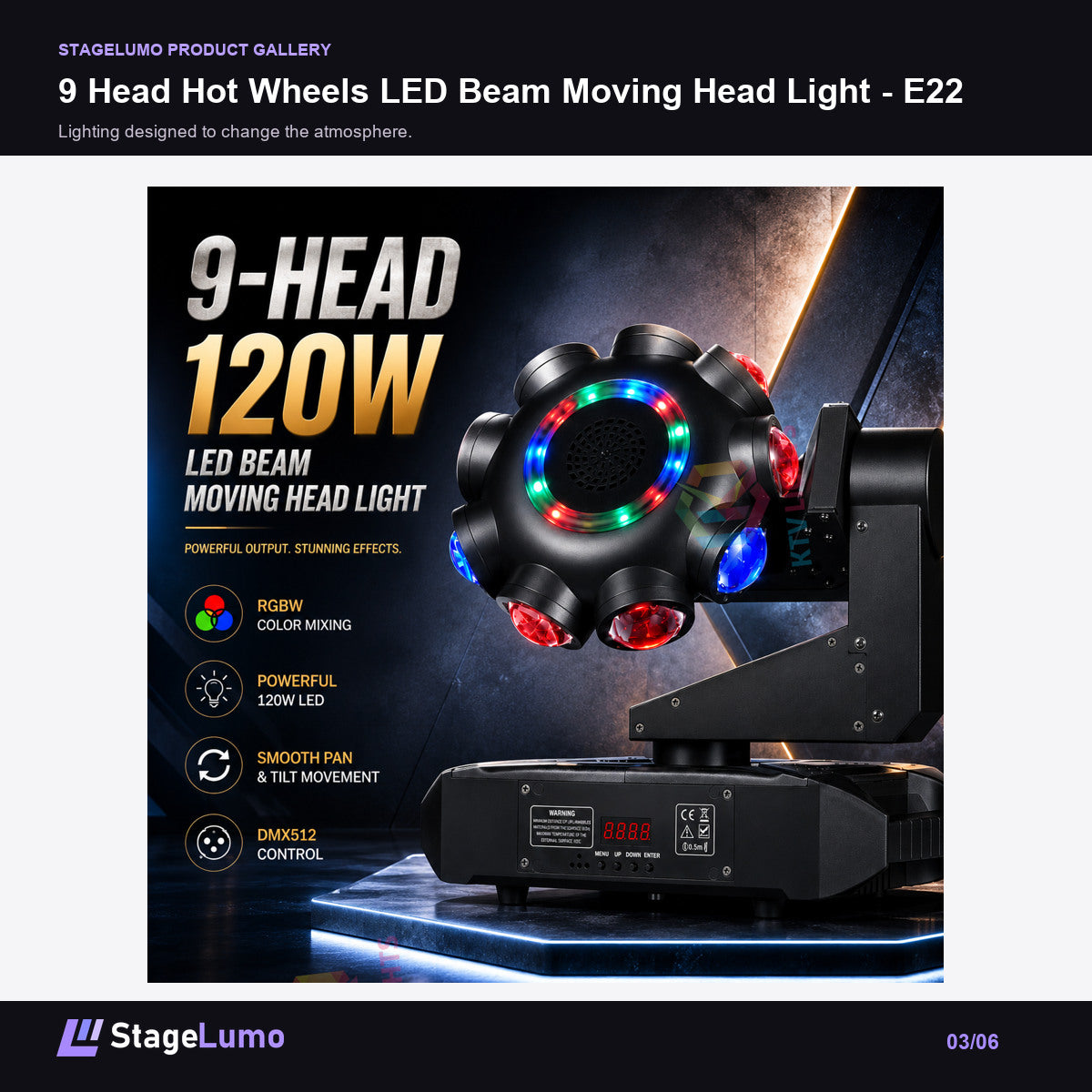 9 Head Hot Wheels LED Beam Moving Head Light - E22 - StageLumo image 3
