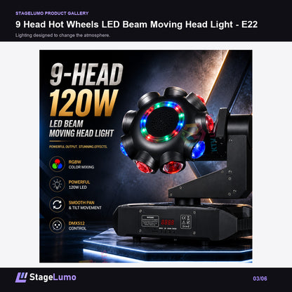 9 Head Hot Wheels LED Beam Moving Head Light - E22 - StageLumo image 3