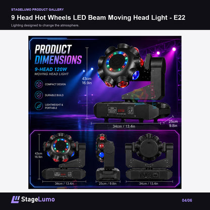 9 Head Hot Wheels LED Beam Moving Head Light - E22 - StageLumo image 4