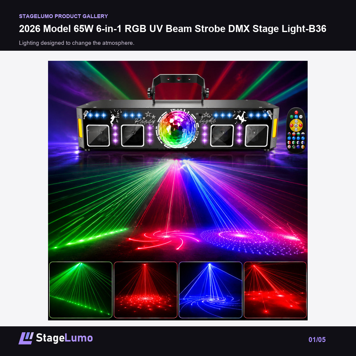 2026 Model 65W 6-in-1 RGB UV Beam Strobe DMX Stage Light-B36 - StageLumo image 1