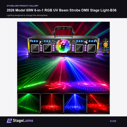 2026 Model 65W 6-in-1 RGB UV Beam Strobe DMX Stage Light-B36 - StageLumo image 1