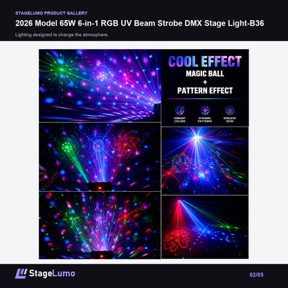2026 Model 65W 6-in-1 RGB UV Beam Strobe DMX Stage Light-B36 - StageLumo image 2