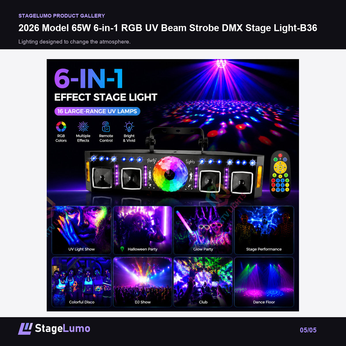 2026 Model 65W 6-in-1 RGB UV Beam Strobe DMX Stage Light-B36 - StageLumo image 5