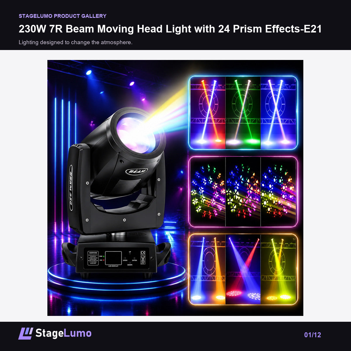 230W 7R Beam Moving Head Light with 24 Prism Effects-E21 - StageLumo image 1
