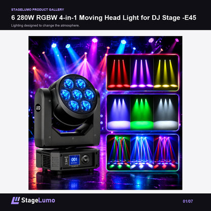 6 280W RGBW 4-in-1 Moving Head Light for DJ Stage -E45 - StageLumo image 1