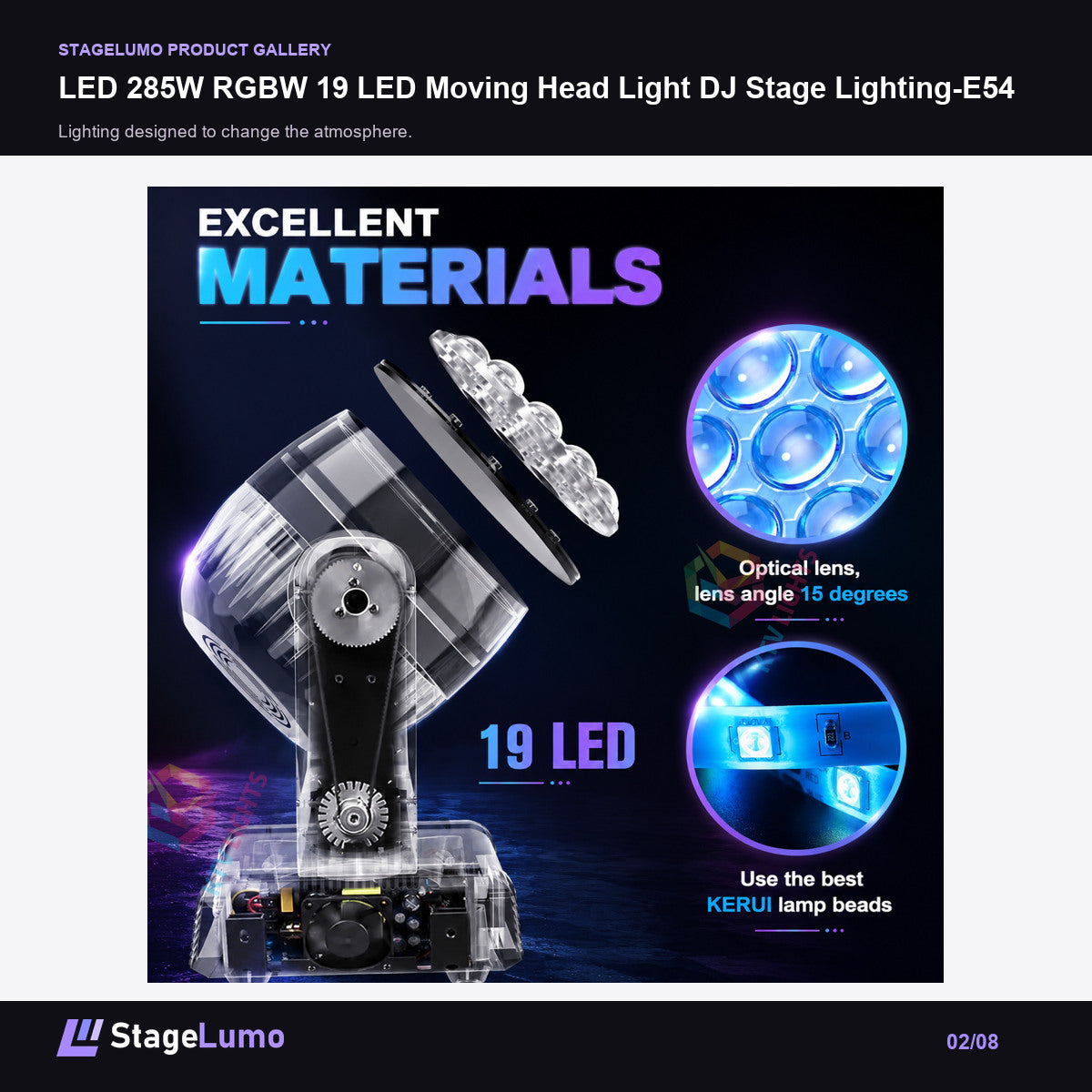 LED 285W RGBW 19 LED Moving Head Light DJ Stage Lighting-E54 - StageLumo image 2