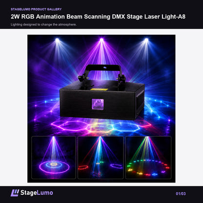 2W RGB Animation Beam Scanning DMX Stage Laser Light-A8 - StageLumo image 1