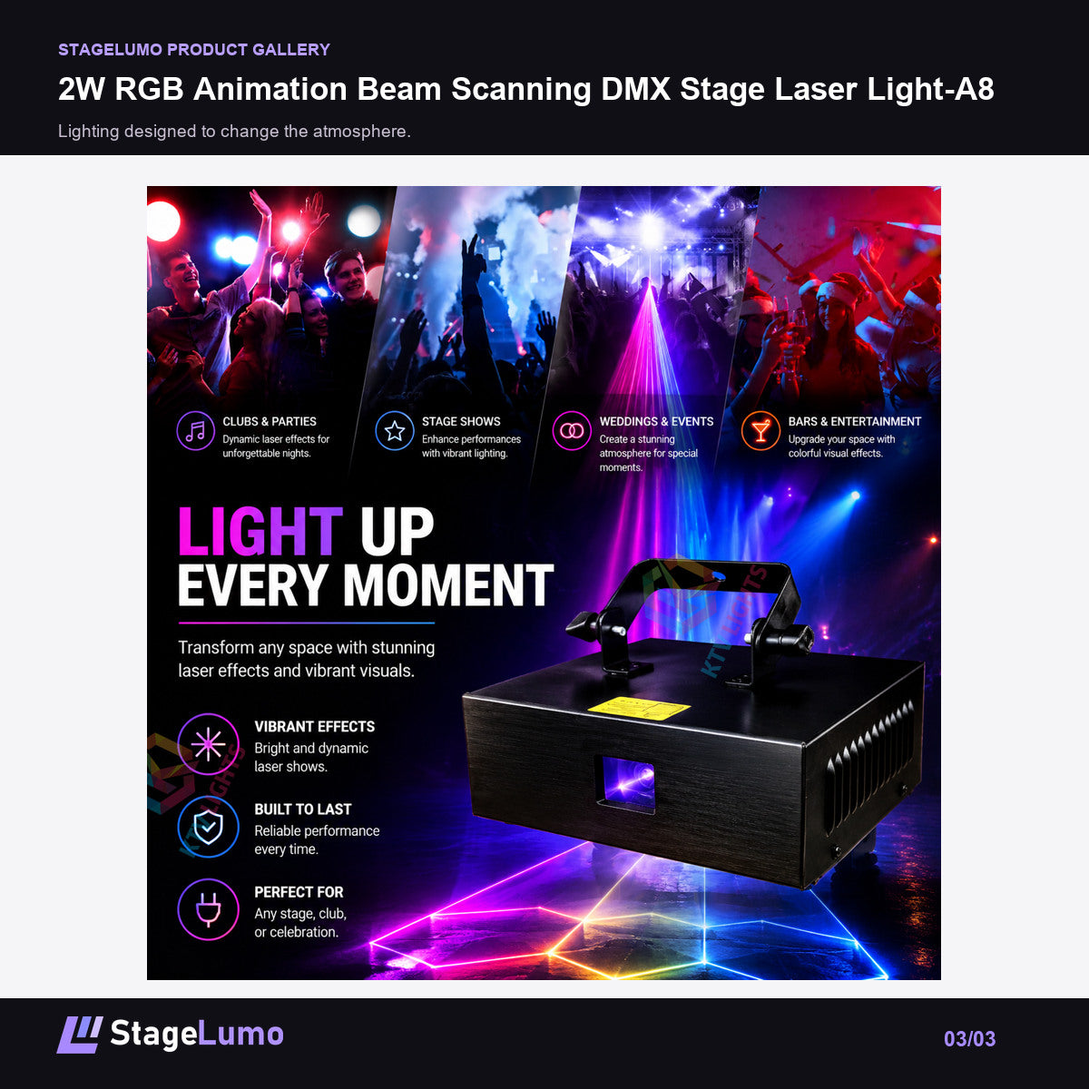 2W RGB Animation Beam Scanning DMX Stage Laser Light-A8 - StageLumo image 3
