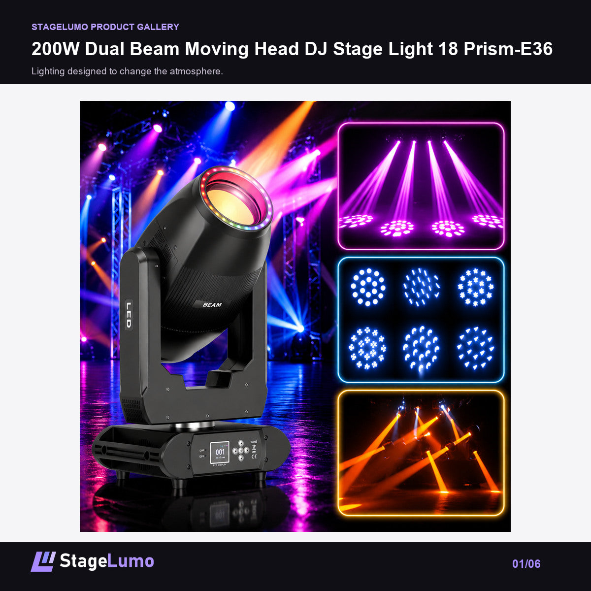 200W Dual Beam Moving Head DJ Stage Light 18 Prism-E36 - StageLumo image 1