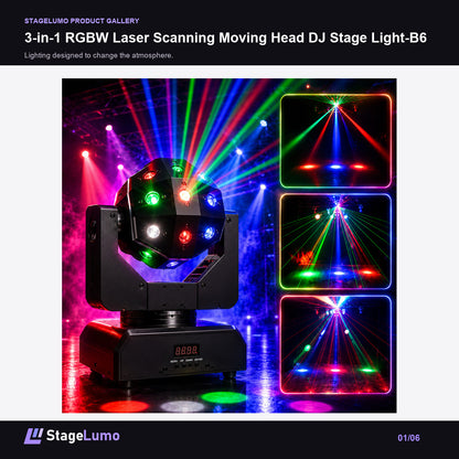 3-in-1 RGBW Laser Scanning Moving Head DJ Stage Light-B6 - StageLumo image 1