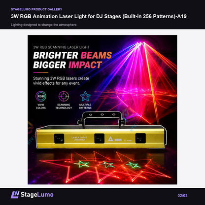 3W RGB Animation Laser Light for DJ Stages (Built-in 256 Patterns)-A19 - StageLumo image 2