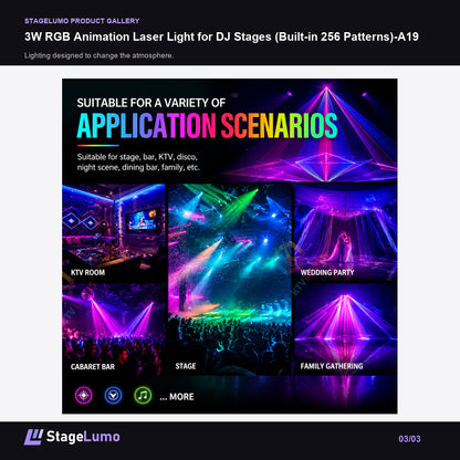 3W RGB Animation Laser Light for DJ Stages (Built-in 256 Patterns)-A19 - StageLumo image 3