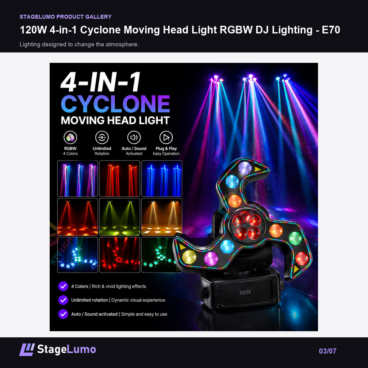 120W 4-in-1 Cyclone Moving Head Light RGBW DJ Lighting - E70 - StageLumo image 3