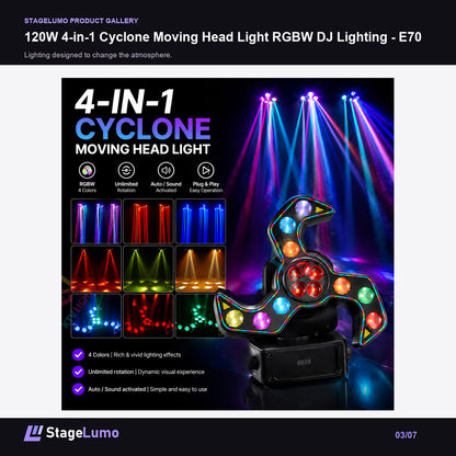 120W 4-in-1 Cyclone Moving Head Light RGBW DJ Lighting - E70 - StageLumo image 3