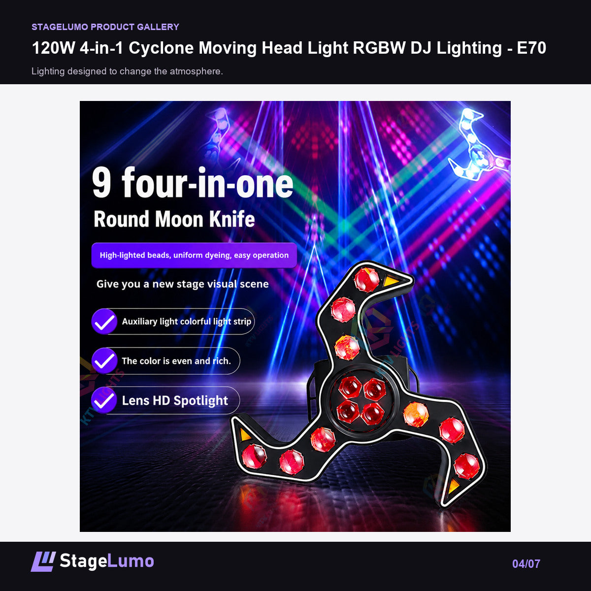 120W 4-in-1 Cyclone Moving Head Light RGBW DJ Lighting - E70 - StageLumo image 4