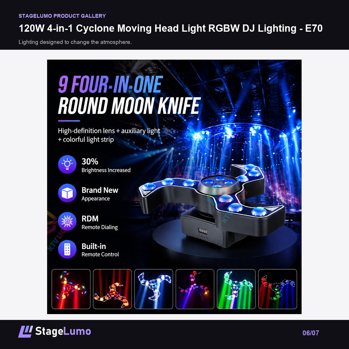 120W 4-in-1 Cyclone Moving Head Light RGBW DJ Lighting - E70 - StageLumo image 6