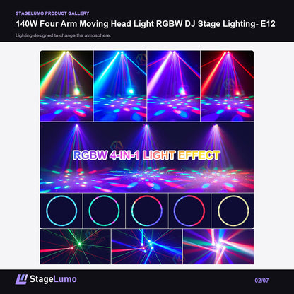 140W Four Arm Moving Head Light RGBW DJ Stage Lighting- E12 - StageLumo image 2