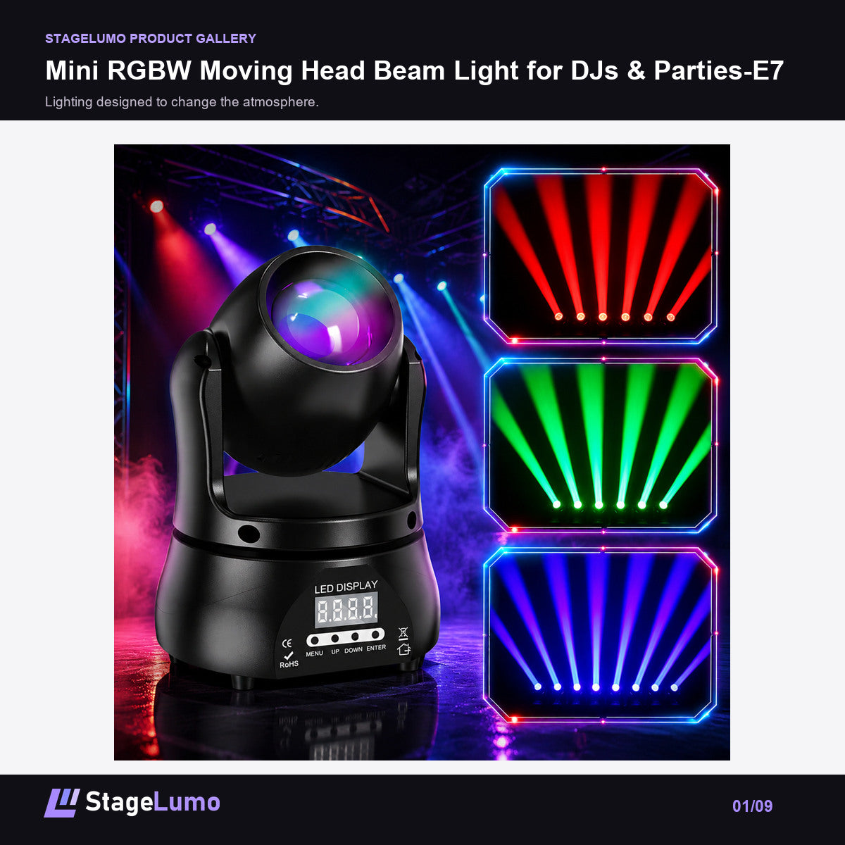Mini RGBW Moving Head Beam Light for DJs & Parties-E7 - StageLumo image 1