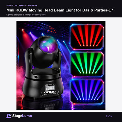 Mini RGBW Moving Head Beam Light for DJs & Parties-E7 - StageLumo image 1