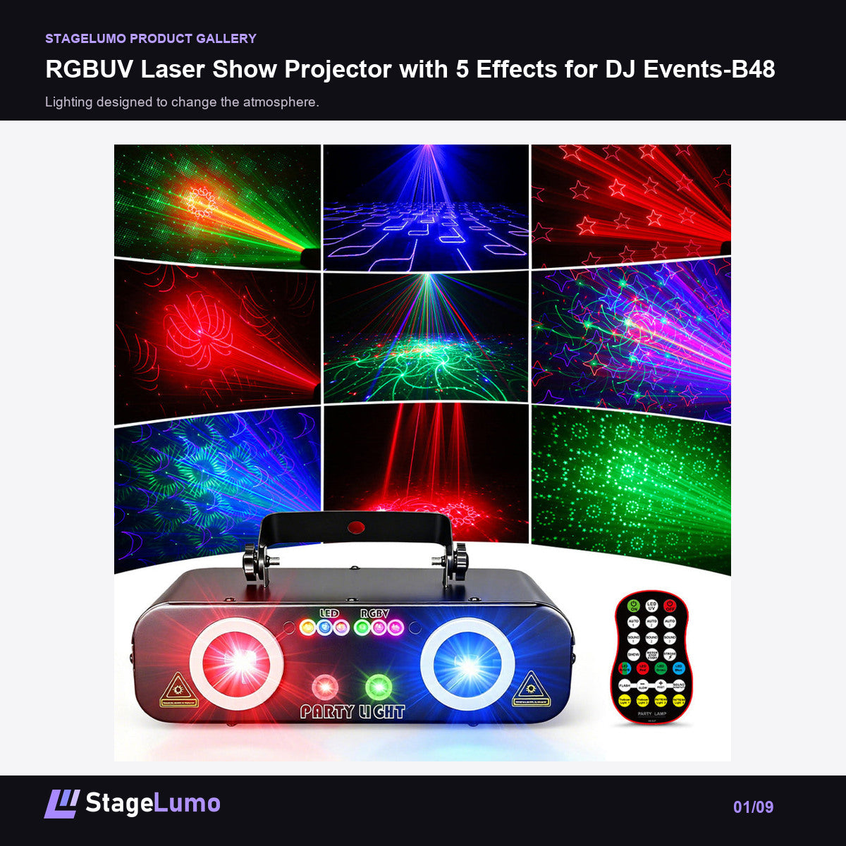 RGBUV Laser Show Projector with 5 Effects for DJ Events-B48 - StageLumo image 1
