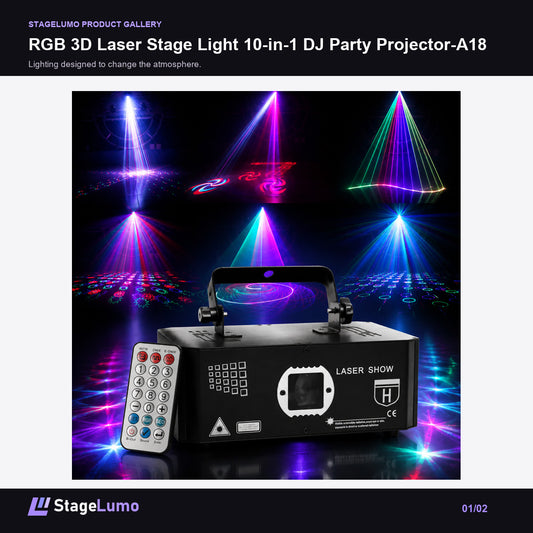 RGB 3D Laser Stage Light 10-in-1 DJ Party Projector-A18 - StageLumo image 1
