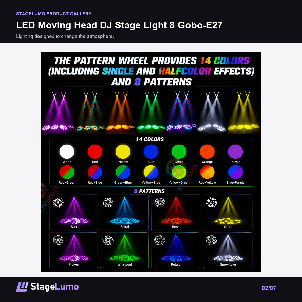 LED Moving Head DJ Stage Light 8 Gobo-E27 - StageLumo image 2