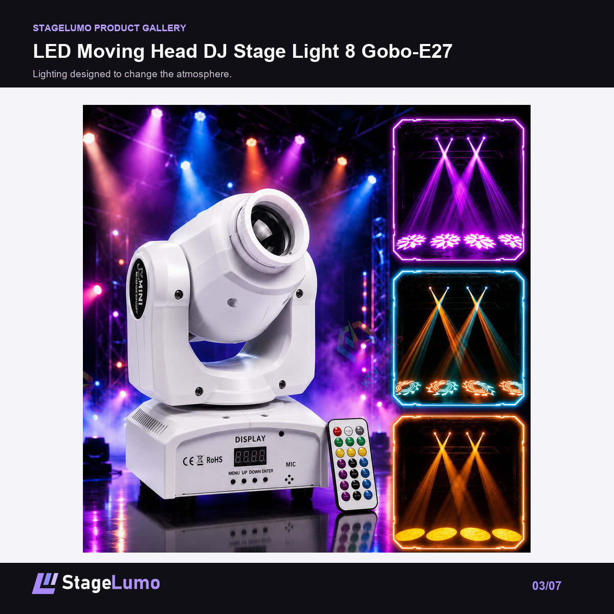 LED Moving Head DJ Stage Light 8 Gobo-E27 - StageLumo image 3