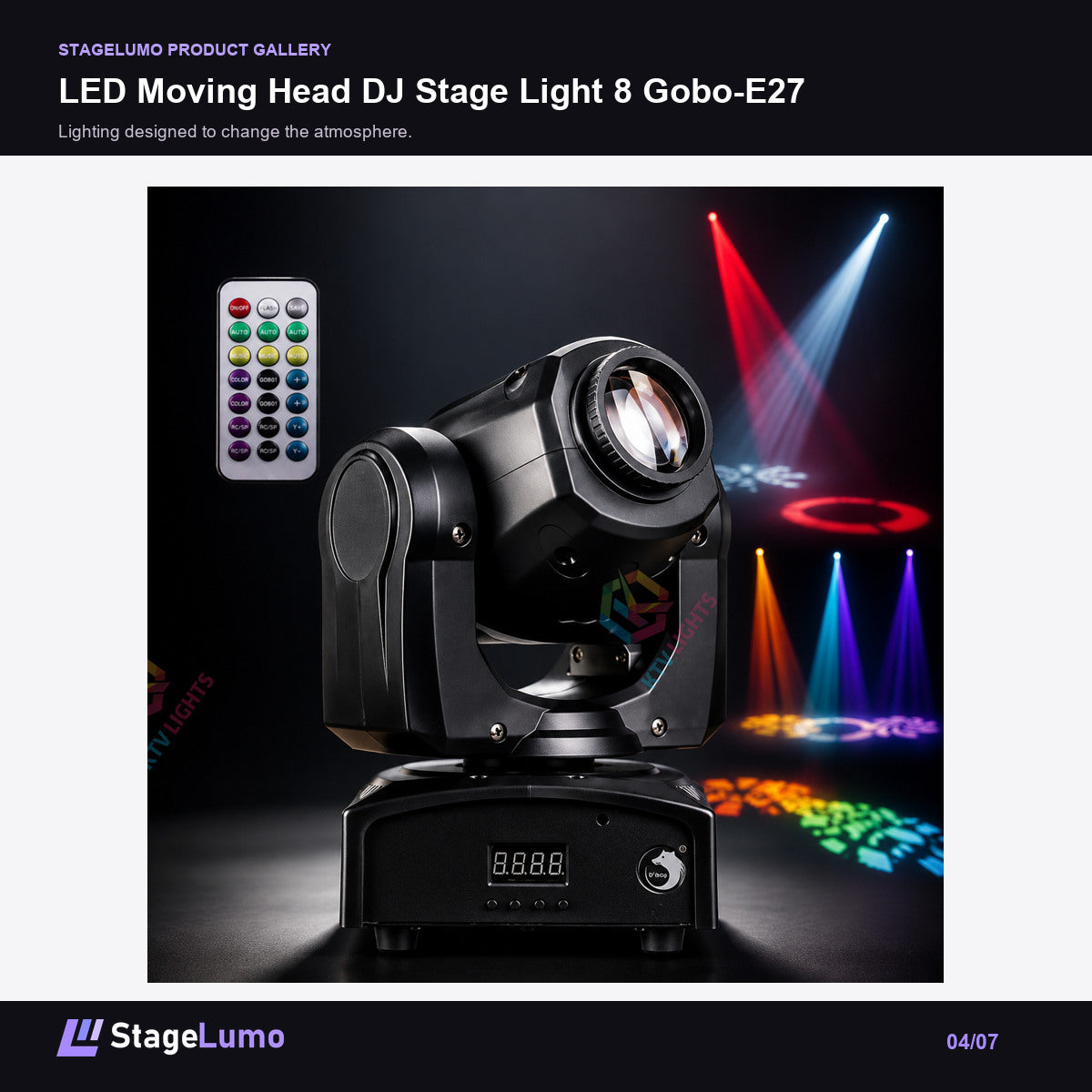 LED Moving Head DJ Stage Light 8 Gobo-E27 - StageLumo image 4