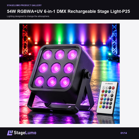 54W RGBWA+UV 6-in-1 DMX Rechargeable Stage Light-P25 - StageLumo image 1
