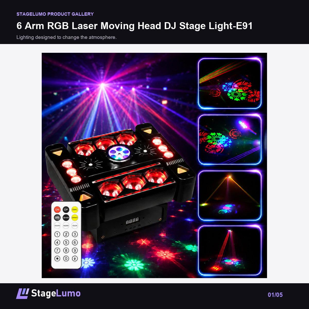 6 Arm RGB Laser Moving Head DJ Stage Light-E91 - StageLumo image 1