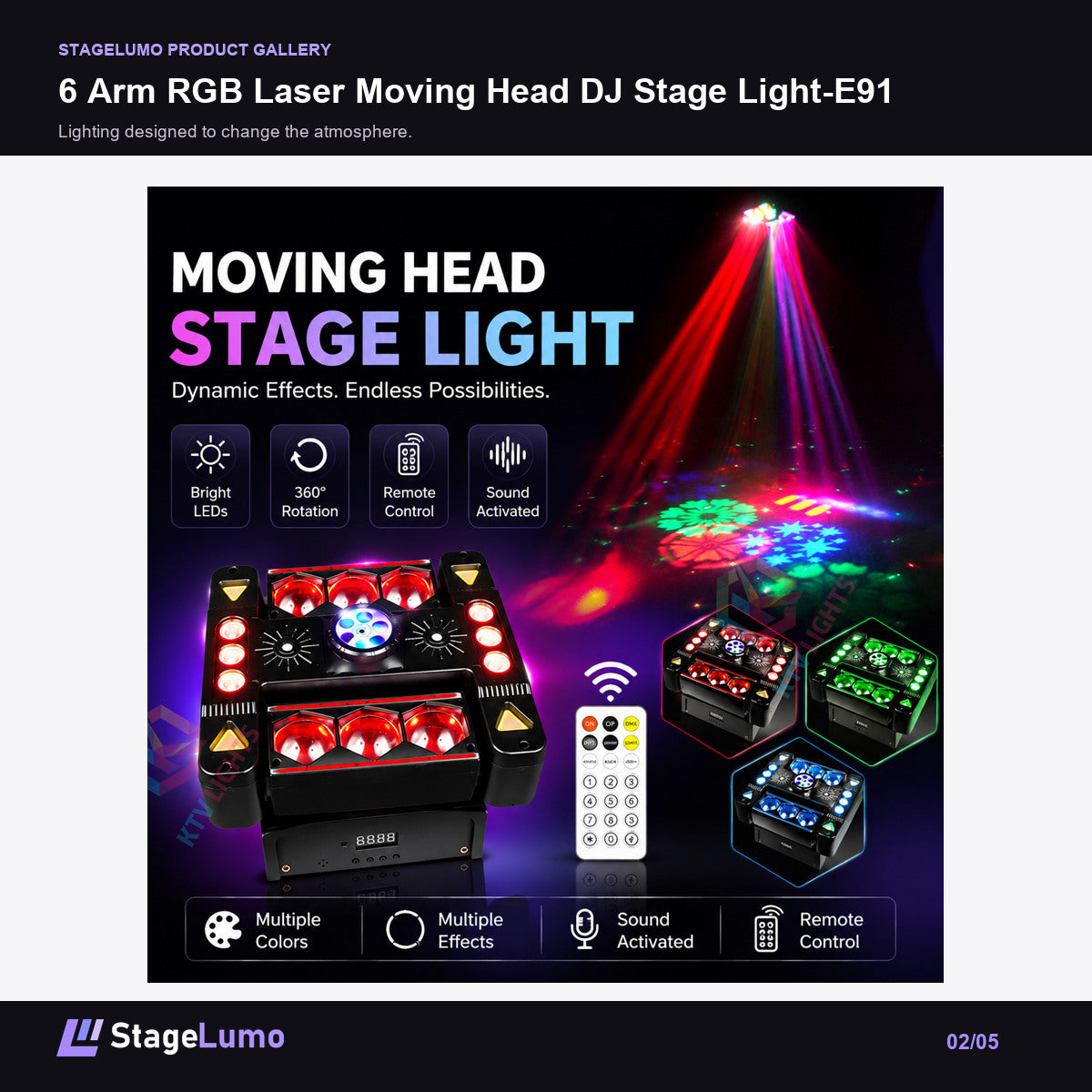 6 Arm RGB Laser Moving Head DJ Stage Light-E91 - StageLumo image 2