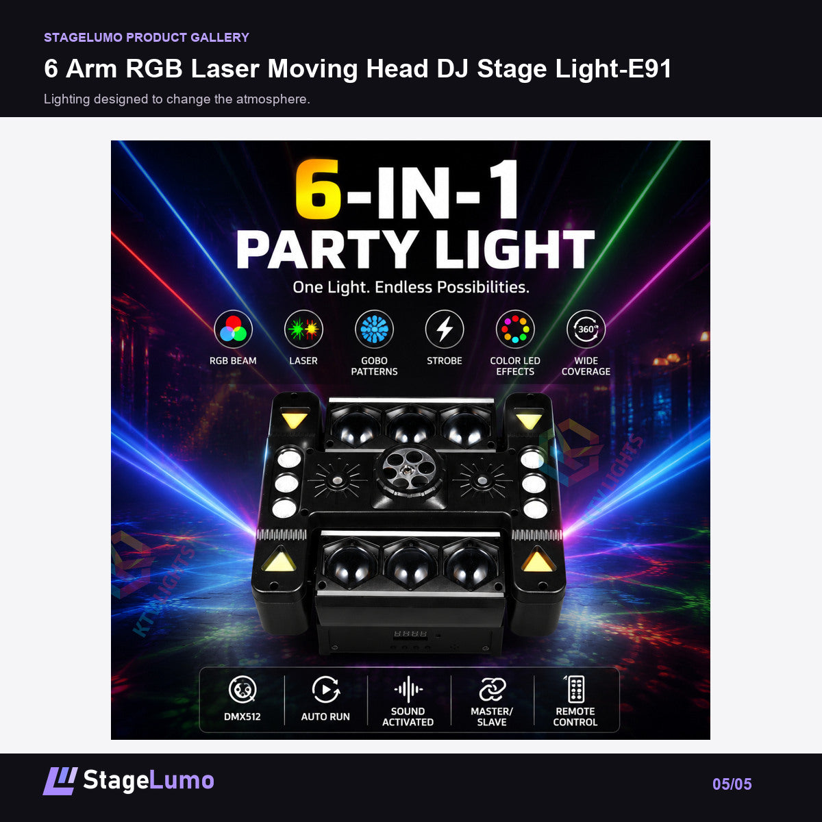 6 Arm RGB Laser Moving Head DJ Stage Light-E91 - StageLumo image 5