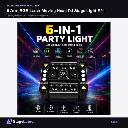 6 Arm RGB Laser Moving Head DJ Stage Light-E91 - StageLumo image 5