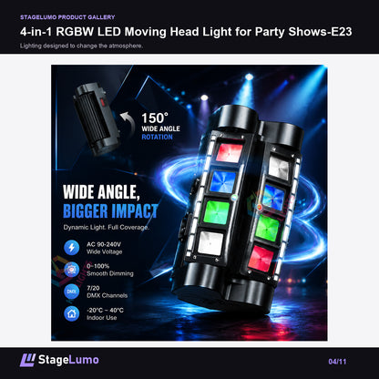 4-in-1 RGBW LED Moving Head Light for Party Shows-E23 - StageLumo image 4