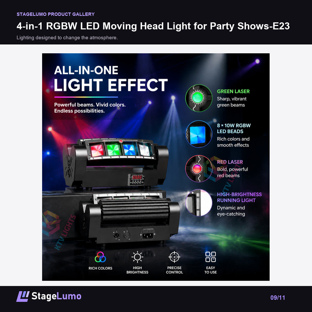 4-in-1 RGBW LED Moving Head Light for Party Shows-E23 - StageLumo image 9