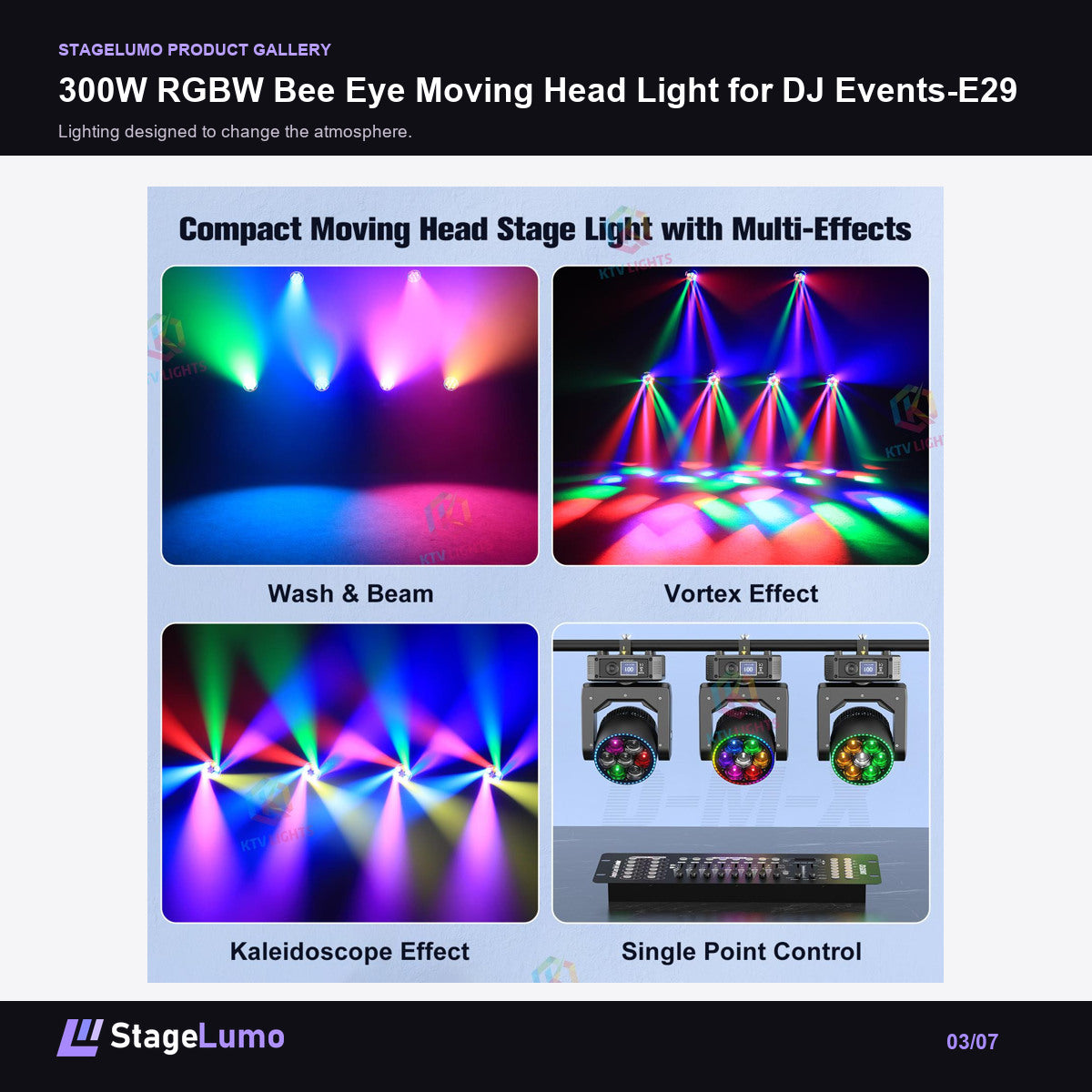 300W RGBW Bee Eye Moving Head Light for DJ Events-E29 - StageLumo image 3