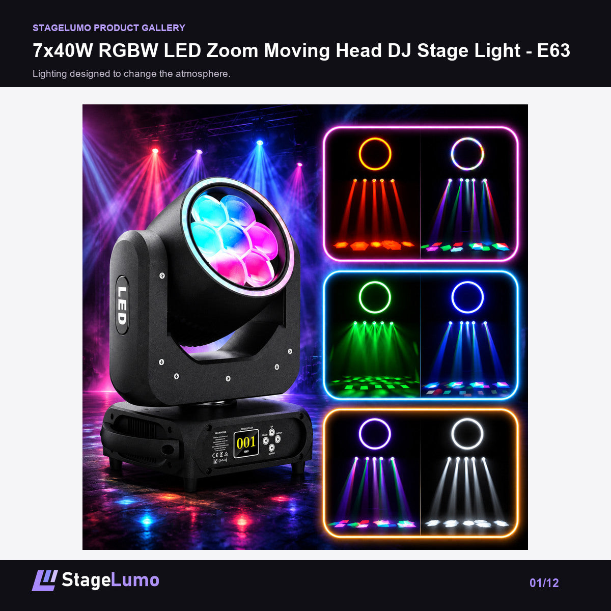 7x40W RGBW LED Zoom Moving Head DJ Stage Light - E63 - StageLumo image 1