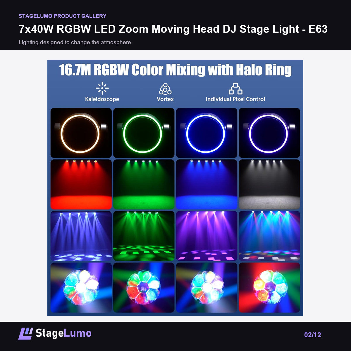 7x40W RGBW LED Zoom Moving Head DJ Stage Light - E63 - StageLumo image 2