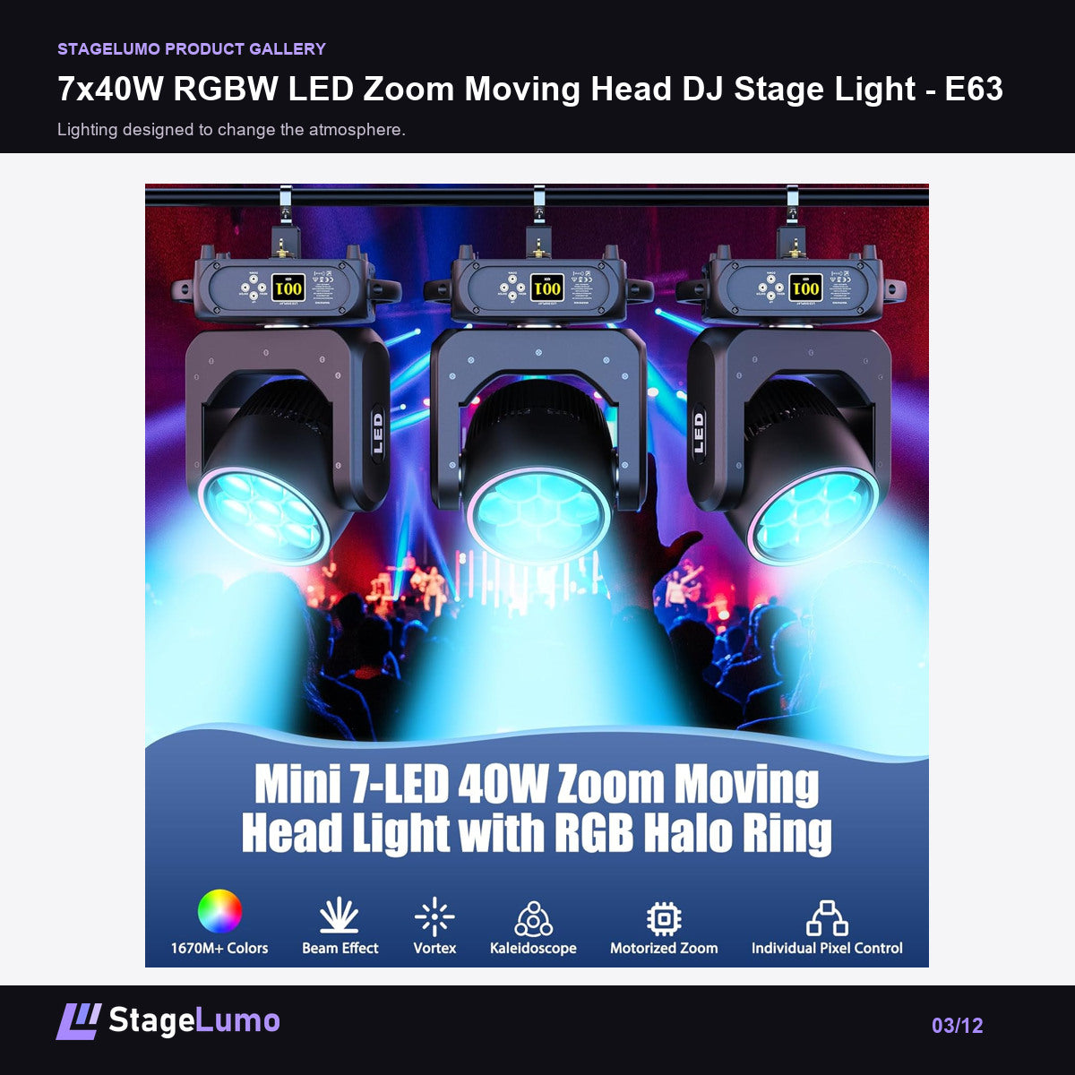 7x40W RGBW LED Zoom Moving Head DJ Stage Light - E63 - StageLumo image 3