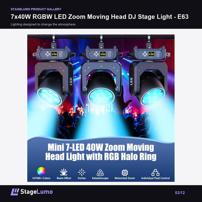7x40W RGBW LED Zoom Moving Head DJ Stage Light - E63 - StageLumo image 3